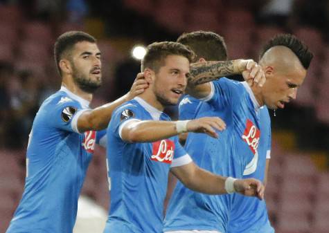 Napoli's Belgian forward Dries Mertens celebrates during the UEFA Europa League Group D football match SSC Napoli vs Club Brugge KV on September 17, 2015 at the San Paolo Stadium in Naples. AFP PHOTO / CARLO HERMANN (Photo credit should read CARLO HERMANN/AFP/Getty Images)