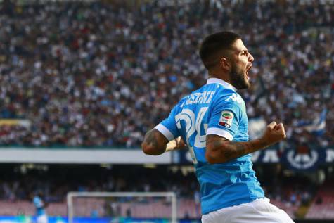 Napoli's Italian forward Lorenzo Insigne celebrates after scoring during the Italian Serie A football match SSC Napoli vs ACF Fiorentina on October 18, 2015 at the San Paolo stadium in Naples. AFP PHOTO / CARLO HERMANN        (Photo credit should read CARLO HERMANN/AFP/Getty Images)