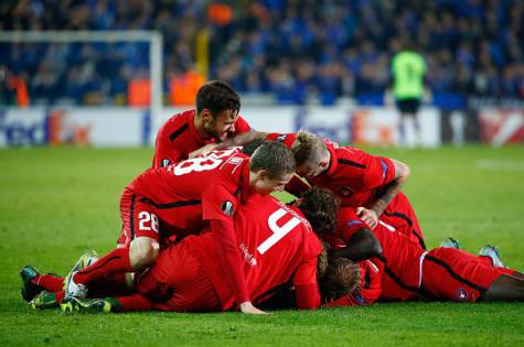 Midtjylland's defender Filip Novak celebrates with his teammates after scoring during the UEFA Europa League group D football match between Club Brugge KV and FC Midtjylland on October 1, 2015 in Brugge. AFP PHOTO / BELGA PHOTO / KURT DESPLENTER ** Belgium Out ** (Photo credit should read KURT DESPLENTER/AFP/Getty Images)