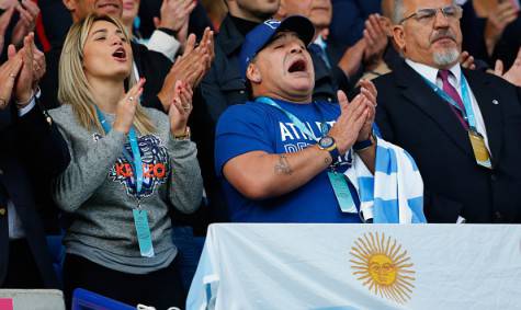 LEICESTER, ENGLAND - OCTOBER 04: Diego Maradona reacts before the 2015 Rugby World Cup Pool C match between Argentina and Tonga at Leicester City Stadium on October 4, 2015 in Leicester, United Kingdom. (Photo by Stu Forster/Getty Images)