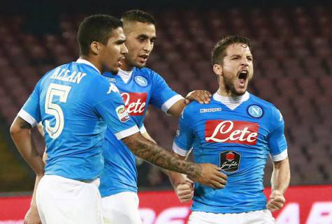 Napoli's Belgian forward Dries Mertens (R) celebrates after scoring with teammates Napoli's Algerian defender Faouzi Ghoulam (C) and Napoli's Brazilian midfielder Allan during the Italian Serie A football match SSC Napoli vs US Palermo on October 28, 2015 at the San Paolo stadium in Naples. AFP PHOTO / CARLO HERMANN        (Photo credit should read CARLO HERMANN/AFP/Getty Images)