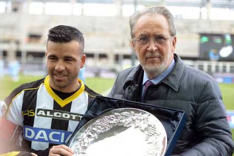 UDINE, ITALY - FEBRUARY 15: Gianpaolo Pozzo (R) president of Udinese Calcio and Antonio Di Natale before the Serie A match between Udinese Calcio and SS Lazio at Stadio Friuli on February 15, 2015 in Udine, Italy. (Photo by Dino Panato/Getty Images)