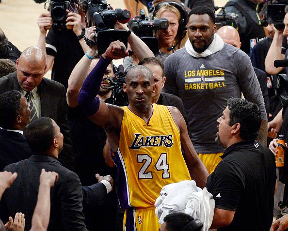 LOS ANGELES, CA - APRIL 13: Kobe Bryant #24 of the Los Angeles Lakers celebrates after scoring 60 points against the Utah Jazz at Staples Center on April 13, 2016 in Los Angeles, California. Bryant played his last game as a Laker and retired from basketball. NOTE TO USER: User expressly acknowledges and agrees that, by downloading and or using the photograph, User is consenting to the terms and conditions of the Getty Images License Agreement. (Photo by Kevork Djansezian/Getty Images)