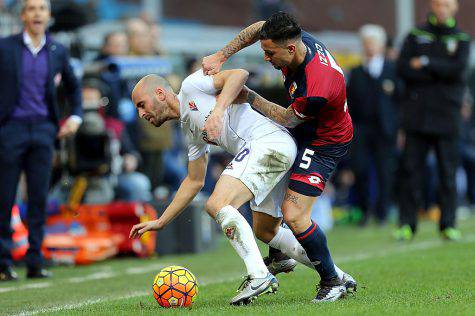 GENOA, ITALY - JANUARY 31: Armandro Izzo of Genoa CFC battles for the ball with Borja Valero of ACF Fiorentina during the Serie A match between Genoa CFC and ACF Fiorentina at Stadio Luigi Ferraris on January 31, 2016 in Genoa, Italy.  (Photo by Gabriele Maltinti @Getty Images)