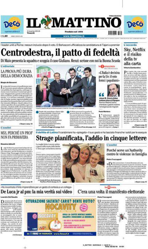 Prima pagina Il Mattino, venerdì 2 marzo